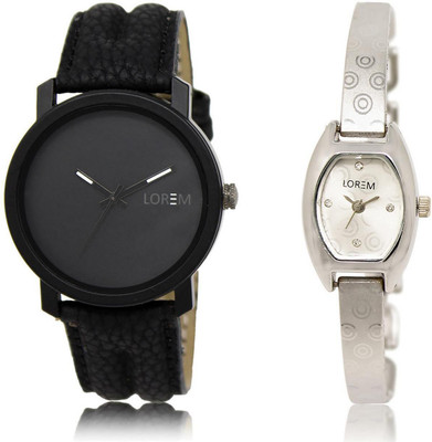 

LOREM LR21-219 Stylish Silver & Black Contemporary & Round Boy's & Girl's Metal Bracelet & Leather Watch - For Men & Women