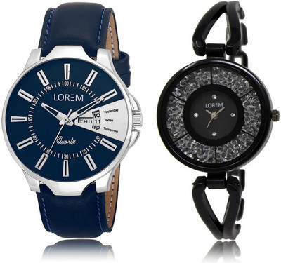 

LOREM LR23-211 Stylish Black & Blue Round Boy's & Girl's Metal Bracelet & Leather Watch - For Men & Women