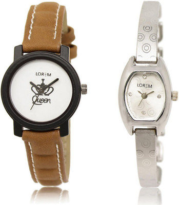 

LOREM LR209-219 Stylish Silver & White Contemporary & Round Girl's Metal Bracelet & Leather Watch - For Women