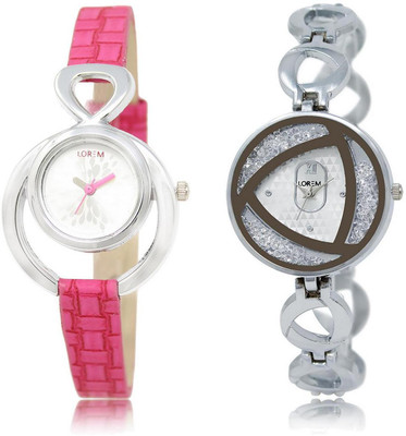 

LOREM LR205-240 Stylish White Round Girl's Metal Bracelet & Leather Watch - For Women