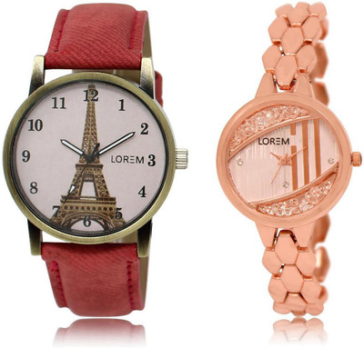 

LOREM LR222-230 Stylish Rose Gold & Pink Round Girl's Metal Bracelet & Leather Watch - For Women