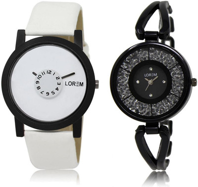 

LOREM LR26-211 Stylish Black & White Round Boy's & Girl's Metal Bracelet & Leather Watch - For Men & Women