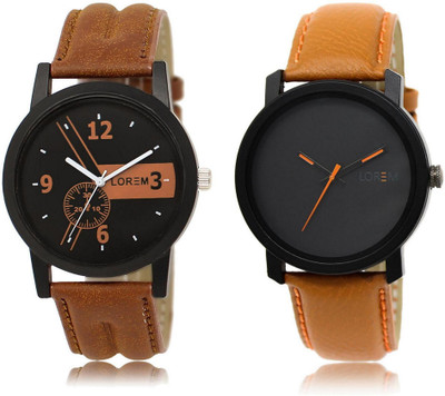 LOREM Black Round Boy's Leather Analog Watch  - For Men