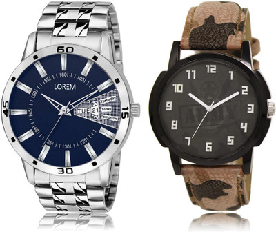 

LOREM LR3-102 Stylish Black & Blue Round Boy's Leather & Metal Bracelet Watch - For Men