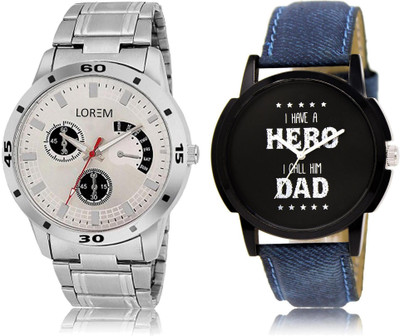 

LOREM LR7-101 Stylish Black & Silver Round Boy's Leather & Metal Bracelet Watch - For Men