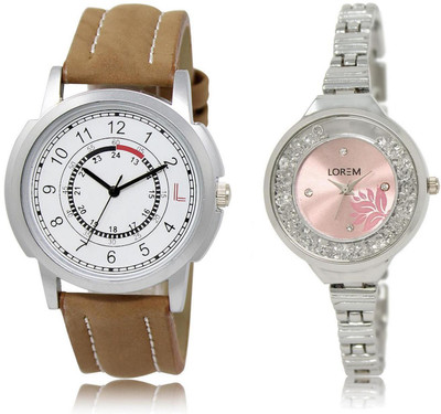 

LOREM LR17-226 Stylish Pink & White Round Boy's & Girl's Metal Bracelet & Leather Watch - For Men & Women