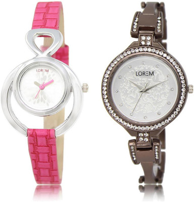 

LOREM LR205-236 Stylish White Round Girl's Metal Bracelet & Leather Watch - For Women