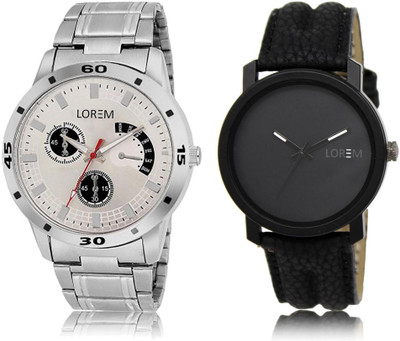 

LOREM LR21-101 Stylish Black & Silver Round Boy's Leather & Metal Bracelet Watch - For Men