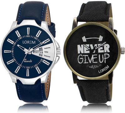 

LOREM LR23-27 Stylish Black & Blue Round Boy's Leather Watch - For Men