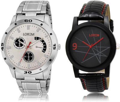 

LOREM LR8-101 Stylish Black & Silver Round Boy's Leather & Metal Bracelet Watch - For Men