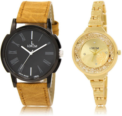 

LOREM LR19-224 Stylish Gold & Black Round Boy's & Girl's Metal Bracelet & Leather Watch - For Men & Women