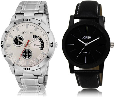 

LOREM LR5-101 Stylish Black & Silver Round Boy's Leather & Metal Bracelet Watch - For Men