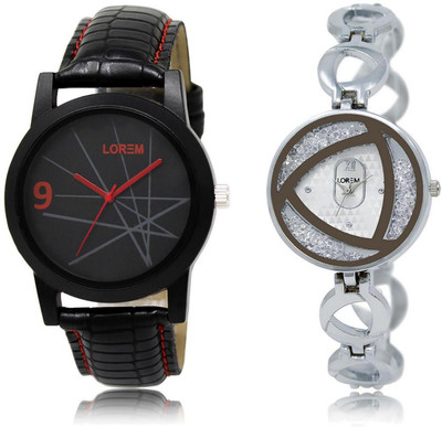 

LOREM LR8-240 Stylish Silver & Black Round Boy's & Girl's Metal Bracelet & Leather Watch - For Men & Women
