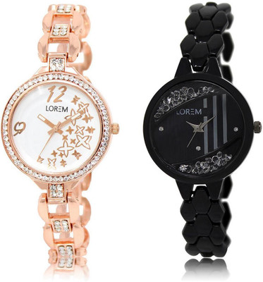 

LOREM LR210-221 Stylish Black & White Round Girl's Metal Bracelet Watch - For Women