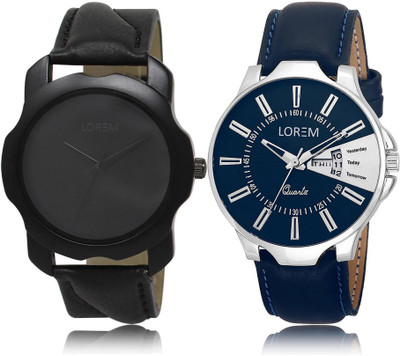 

LOREM LR22-23 Stylish Silver & Black Round Boy's Leather Watch - For Men