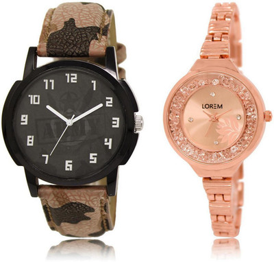 

LOREM LR3-225 Stylish Rose Gold & Black Round Boy's & Girl's Metal Bracelet & Leather Watch - For Men & Women