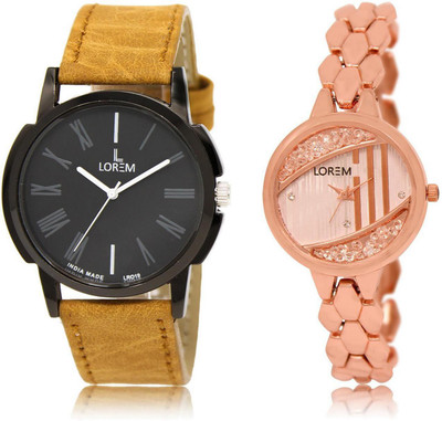 

LOREM LR19-222 Stylish Rose Gold & Black Round Boy's & Girl's Metal Bracelet & Leather Watch - For Men & Women