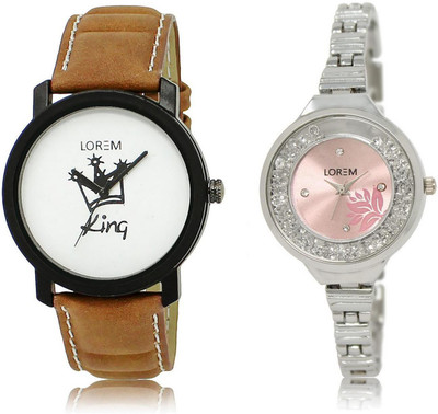 

LOREM LR18-226 Stylish Pink & White Round Boy's & Girl's Metal Bracelet & Leather Watch - For Men & Women