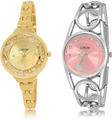 

LOREM LR224-233 Stylish Pink & Gold Round Girl's Metal Bracelet Watch - For Women