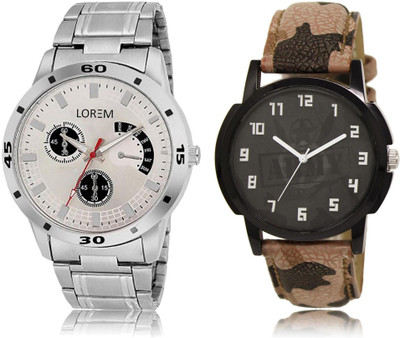 

LOREM LR3-101 Stylish Black & Silver Round Boy's Leather & Metal Bracelet Watch - For Men