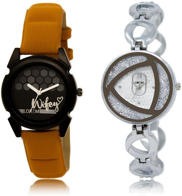 

LOREM LR235-240 Stylish Silver & Black Round Girl's Metal Bracelet & Leather Watch - For Women