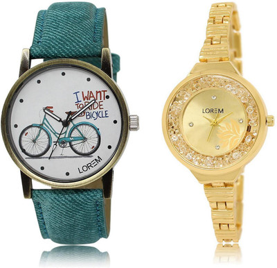 

LOREM LR224-229 Stylish Gold & White Round Girl's Metal Bracelet & Leather Watch - For Women