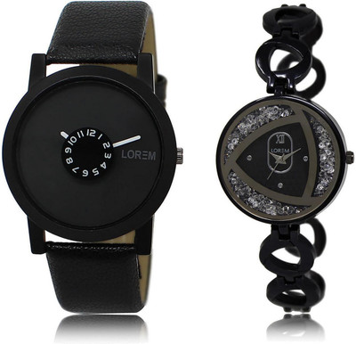 

LOREM LR25-237 Stylish Silver & Black Round Boy's & Girl's Metal Bracelet & Leather Watch - For Men & Women