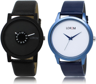 LOREM White & Black Round Boy's Leather Analog Watch  - For Men