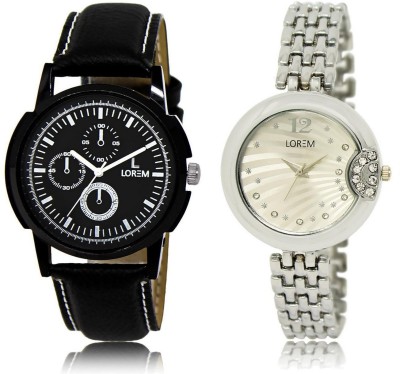 

LOREM LR13-227 Stylish Silver & Black Round Boy's & Girl's Metal Bracelet & Leather Watch - For Men & Women