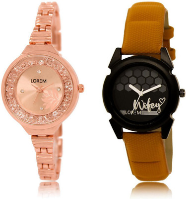 

LOREM LR225-235 Stylish Black & Rose Gold Round Girl's Leather & Metal Bracelet Watch - For Women