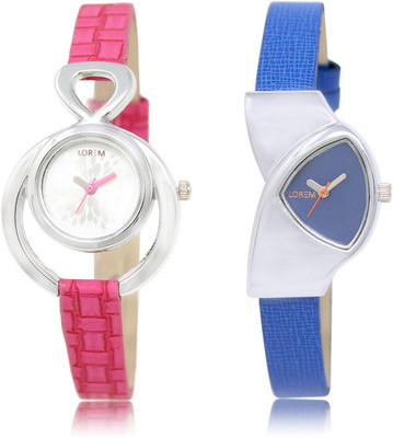 

LOREM LR205-208 Stylish Blue & Silver Triangle & Round Girl's Leather Watch - For Women