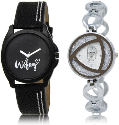 

LOREM LR234-240 Stylish Silver & Black Round Girl's Metal Bracelet & Leather Watch - For Women