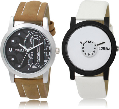 

LOREM LR14-26 Stylish White & Black Round Boy's Leather Watch - For Men