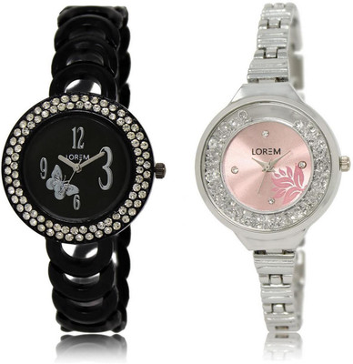 

LOREM LR201-226 Stylish Pink & Black Round Girl's Metal Bracelet Watch - For Women