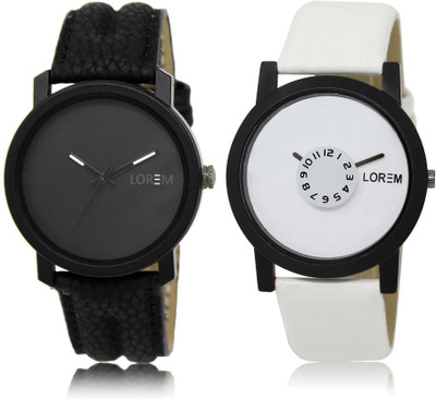 

LOREM LR21-26 Stylish White & Black Round Boy's Leather Watch - For Men