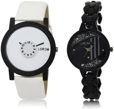 

LOREM LR26-221 Stylish Black & White Round Boy's & Girl's Metal Bracelet & Leather Watch - For Men & Women