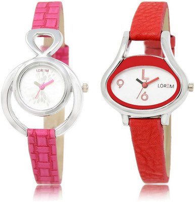 

LOREM LR205-206 Stylish White & Silver Oval & Round Girl's Leather Watch - For Women