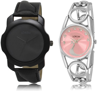 

LOREM LR22-233 Stylish Pink & Black Round Boy's & Girl's Metal Bracelet & Leather Watch - For Men & Women