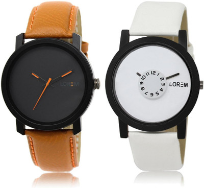

LOREM LR20-26 Stylish White & Black Round Boy's Leather Watch - For Men