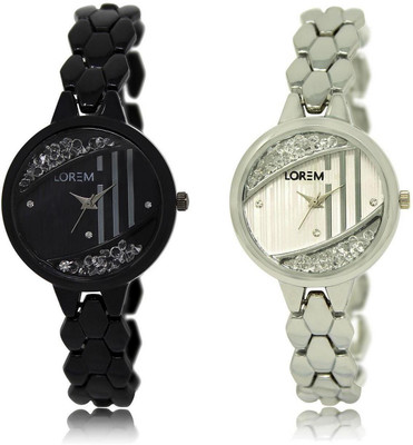 

LOREM LR221-223 Stylish Silver & Black Round Girl's Metal Bracelet Watch - For Women