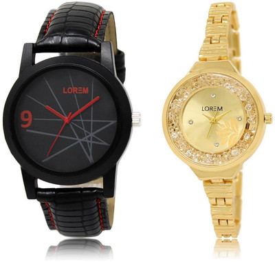 

LOREM LR8-224 Stylish Gold & Black Round Boy's & Girl's Metal Bracelet & Leather Watch - For Men & Women