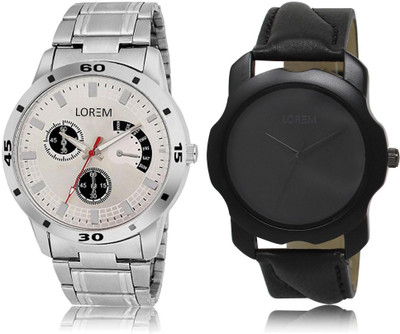 

LOREM LR22-101 Stylish Black & Silver Round Boy's Leather & Metal Bracelet Hybrid Watch - For Men