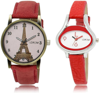 

LOREM LR206-230 Stylish White & Pink Oval & Round Girl's Leather Watch - For Women