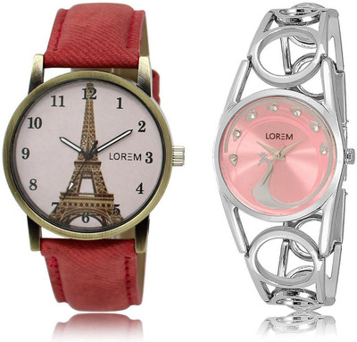 

LOREM LR230-233 Stylish Pink & Pink Round Girl's Metal Bracelet & Leather Watch - For Women