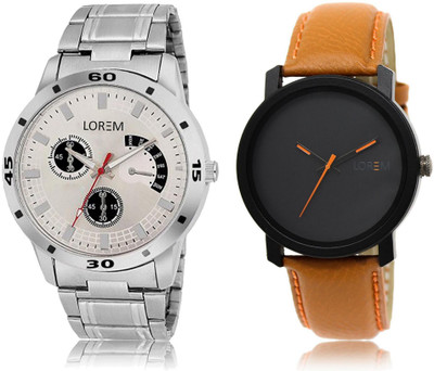 

LOREM LR20-101 Stylish Black & Silver Round Boy's Leather & Metal Bracelet Watch - For Men