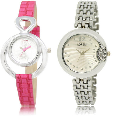 

LOREM LR205-227 Stylish White Round Girl's Metal Bracelet & Leather Watch - For Women
