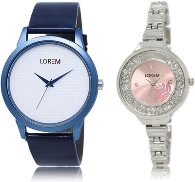 

LOREM LR33-226 Stylish Pink & White Round Boy's & Girl's Metal Bracelet & Leather Watch - For Men & Women