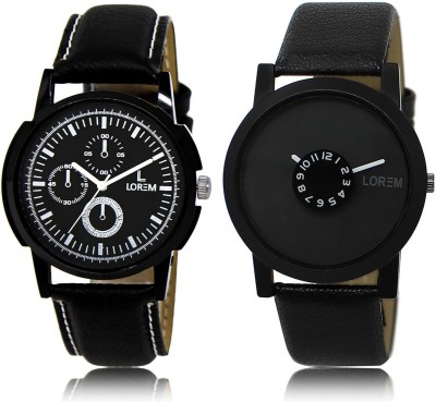 LOREM Black Round Boy's Leather Analog Watch  - For Men