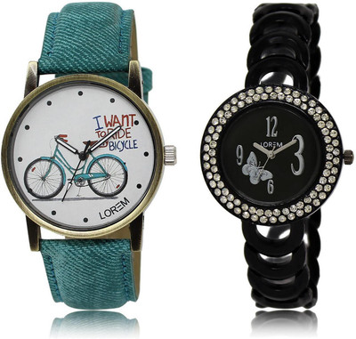 

LOREM LR201-229 Stylish Black & White Round Girl's Metal Bracelet & Leather Watch - For Women