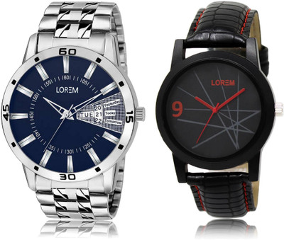 

LOREM LR8-102 Stylish Black & Blue Round Boy's Leather & Metal Bracelet Watch - For Men